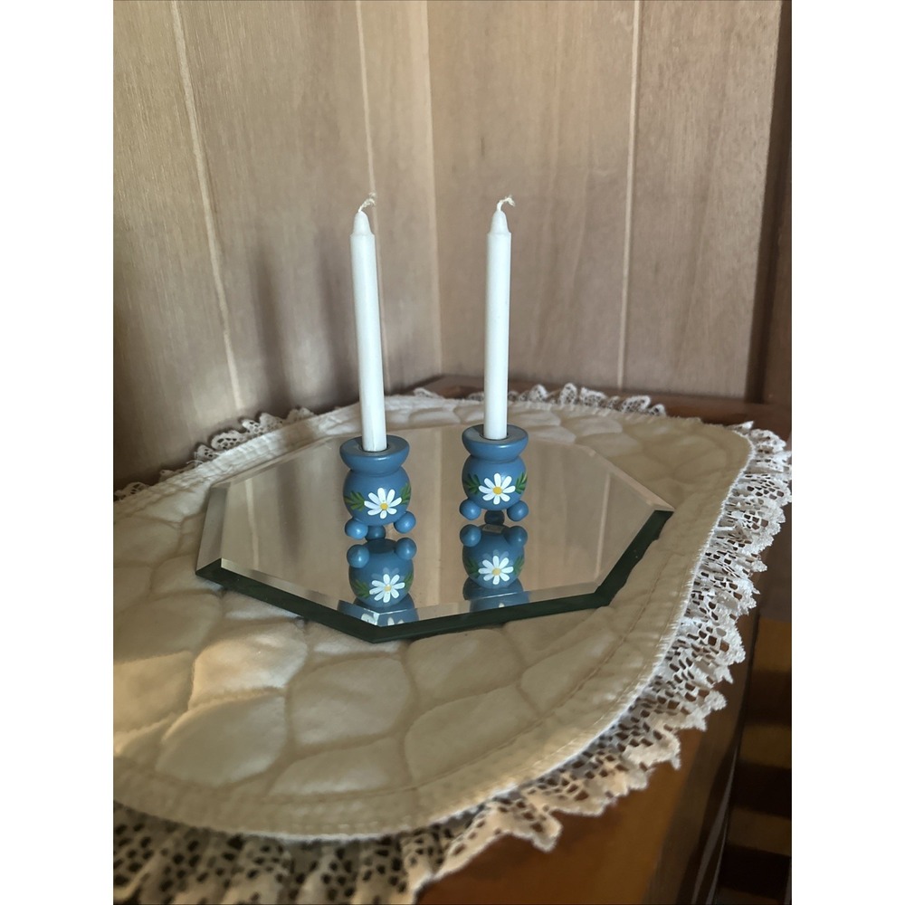 Vintage Blue Daisy Folk Art Candle Holder Set of 2 Hand Painted From Sweden